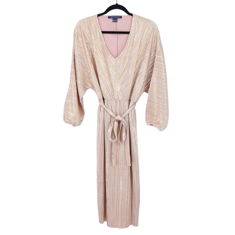 French Connection Pleated Belted Midi Dress Rose Gold Dolman Sleeve Women's XS